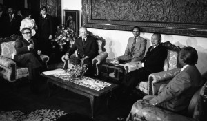 1975, December 6 – Jepara Room, Istana Merdeka (Credential Hall) – Jakarta, Indonesia – General Suharto, Adam Malik; Gerald R. Ford, Henry A. Kissinger, Indonesian Officials – sitting on sofas in front of large carved teak wall sculpture telling story of the culture; all not in frame – President's Far Eastern Trip; Indonesia; Head to Head Meeting with President Suharto and Foreign Affairs Minister Malik of Republic of Indonesia