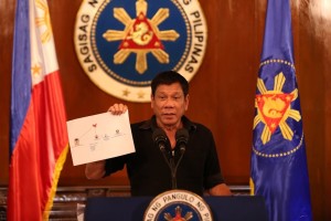 TRIAD CONNECTION. President Rodrigo R. Duterte shows a copy of a diagram showing the connection of high level drug syndicates operating in the country during a press conference at Malacañang on July 7, 2016. KING RODRIGUEZ/Presidential Photographers Division